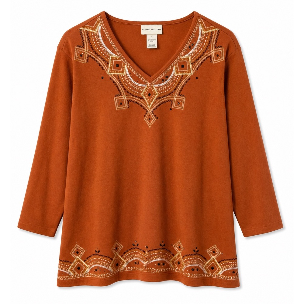 Alfred Dunner Women's 3X Rust Embellished V Neck Knit Top Plus Size Boho